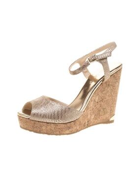 Jimmy Choo Metallic Platform Cork Wedge Sandals Wedges Heels Shoes Size 39.5